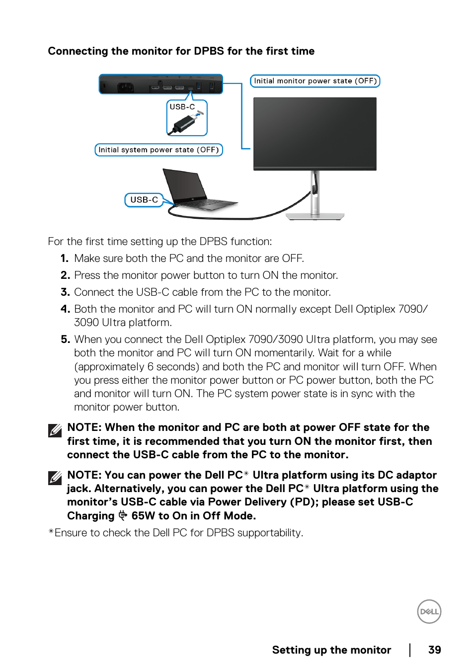 Connecting the monitor for dpbs for the first time | Dell P2223HC 21.5" 16:9 IPS Monitor User Manual | Page 39 / 82