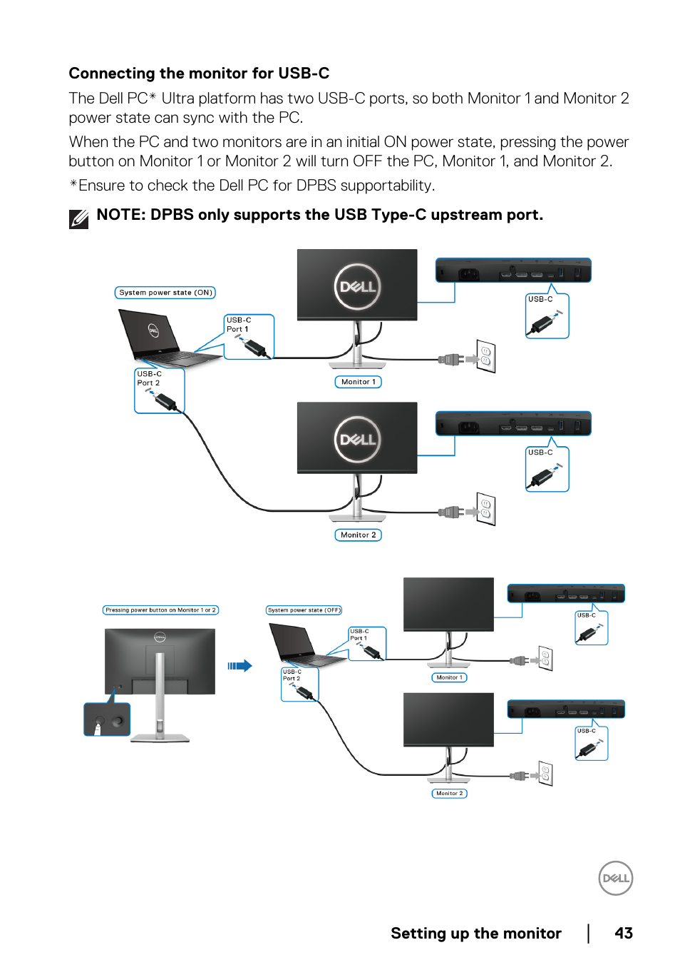 Connecting the monitor for usb-c | Dell P2223HC 21.5" 16:9 IPS Monitor User Manual | Page 43 / 82