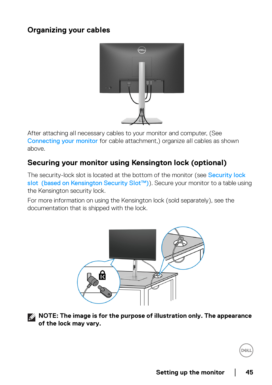 Organizing your cables, Securing your monitor using kensington lock, Optional) | Dell P2223HC 21.5" 16:9 IPS Monitor User Manual | Page 45 / 82