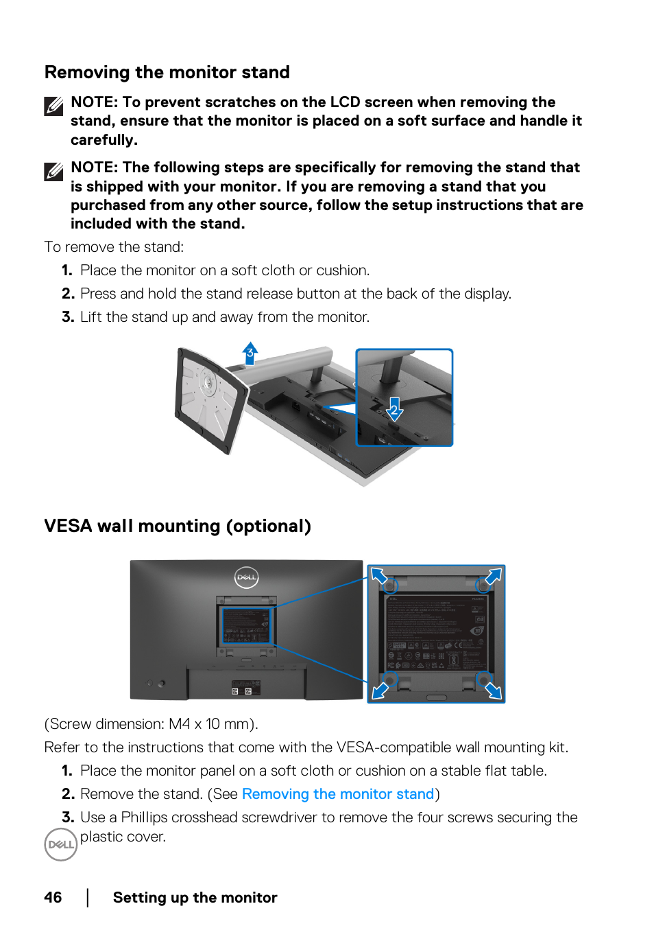 Removing the monitor stand, Vesa wall mounting (optional) | Dell P2223HC 21.5" 16:9 IPS Monitor User Manual | Page 46 / 82