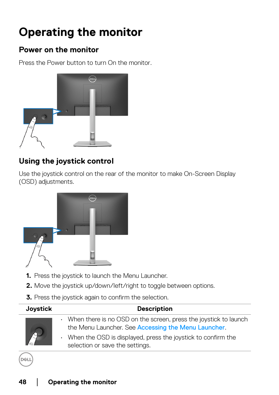 Operating the monitor, Power on the monitor, Using the joystick control | Operating the, Monitor | Dell P2223HC 21.5" 16:9 IPS Monitor User Manual | Page 48 / 82