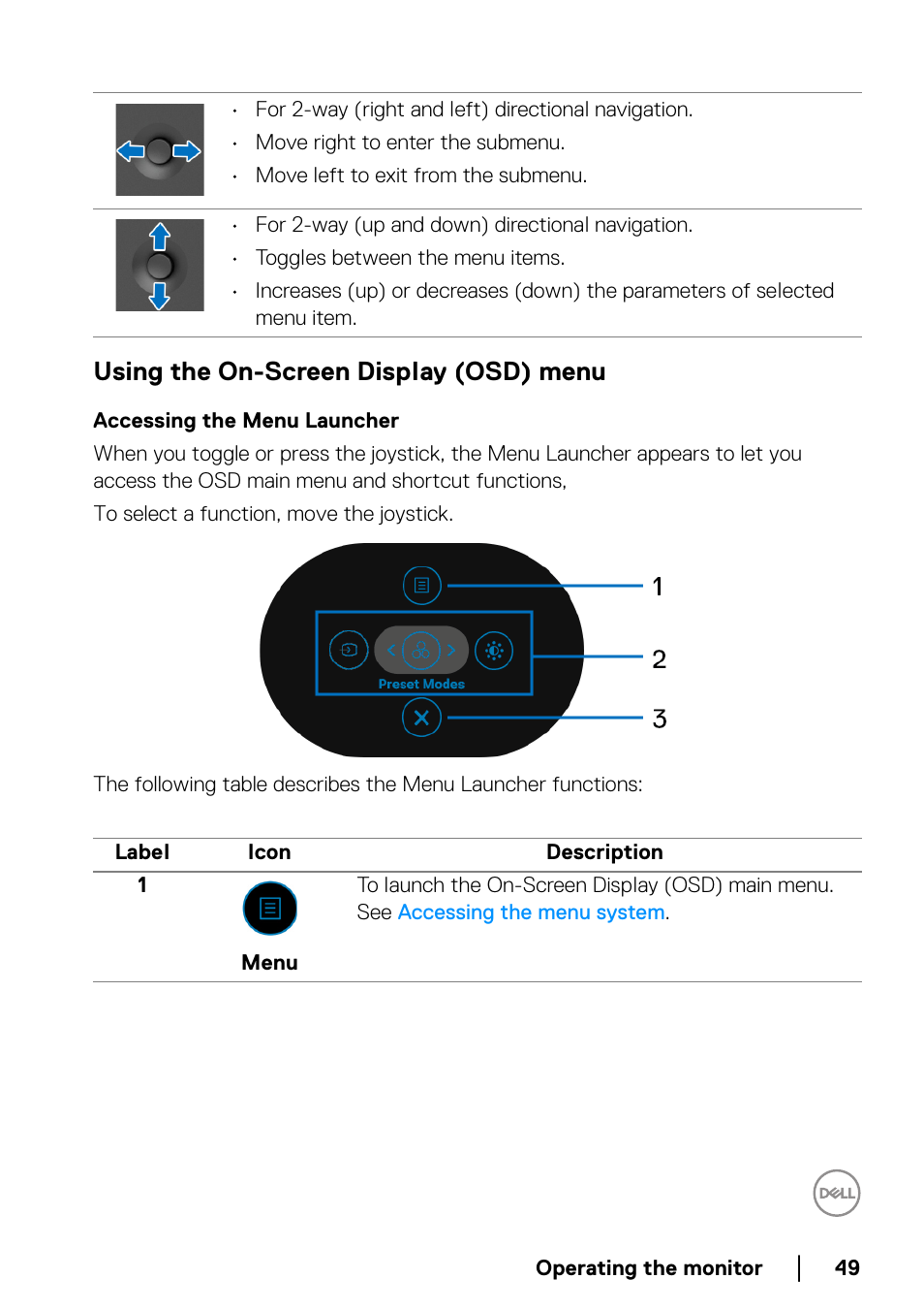 Using the on-screen display (osd) menu, Accessing the menu launcher | Dell P2223HC 21.5" 16:9 IPS Monitor User Manual | Page 49 / 82