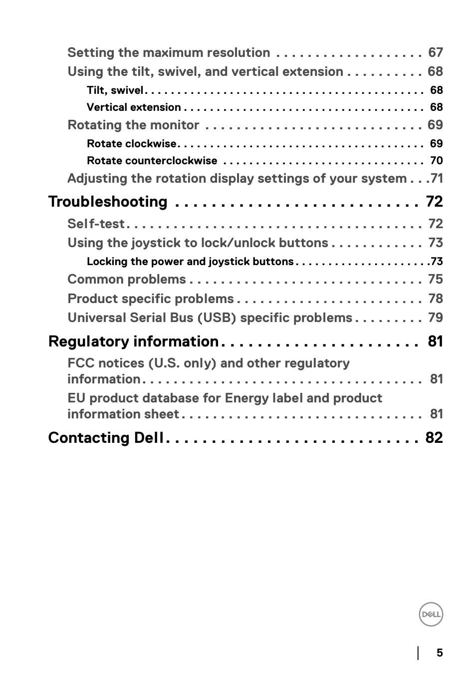 Troubleshooting, Regulatory information, Contacting dell | Dell P2223HC 21.5" 16:9 IPS Monitor User Manual | Page 5 / 82