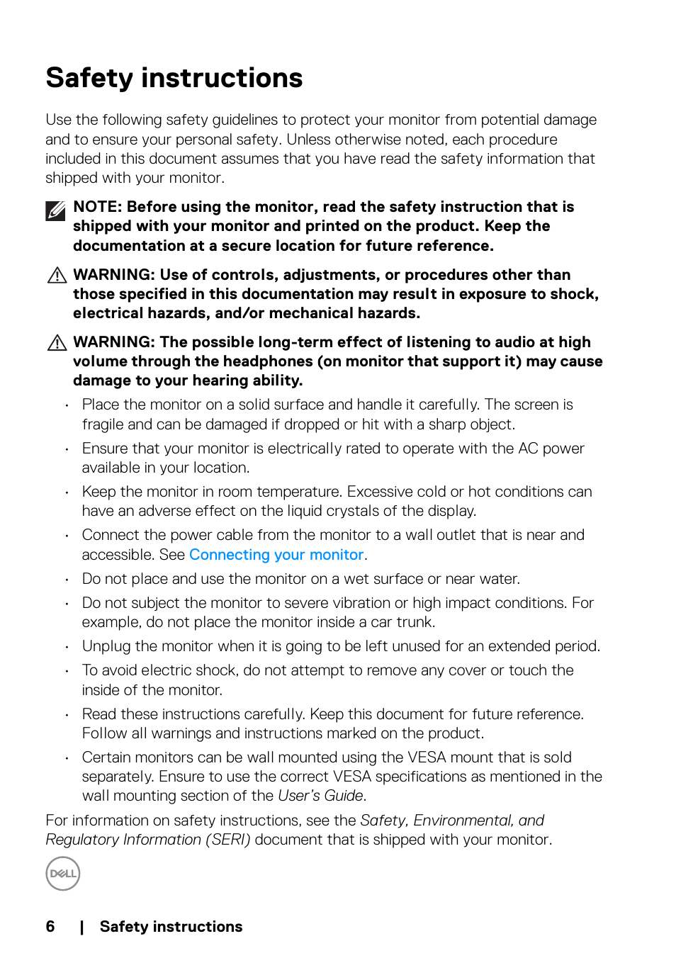 Safety instructions | Dell P2223HC 21.5" 16:9 IPS Monitor User Manual | Page 6 / 82