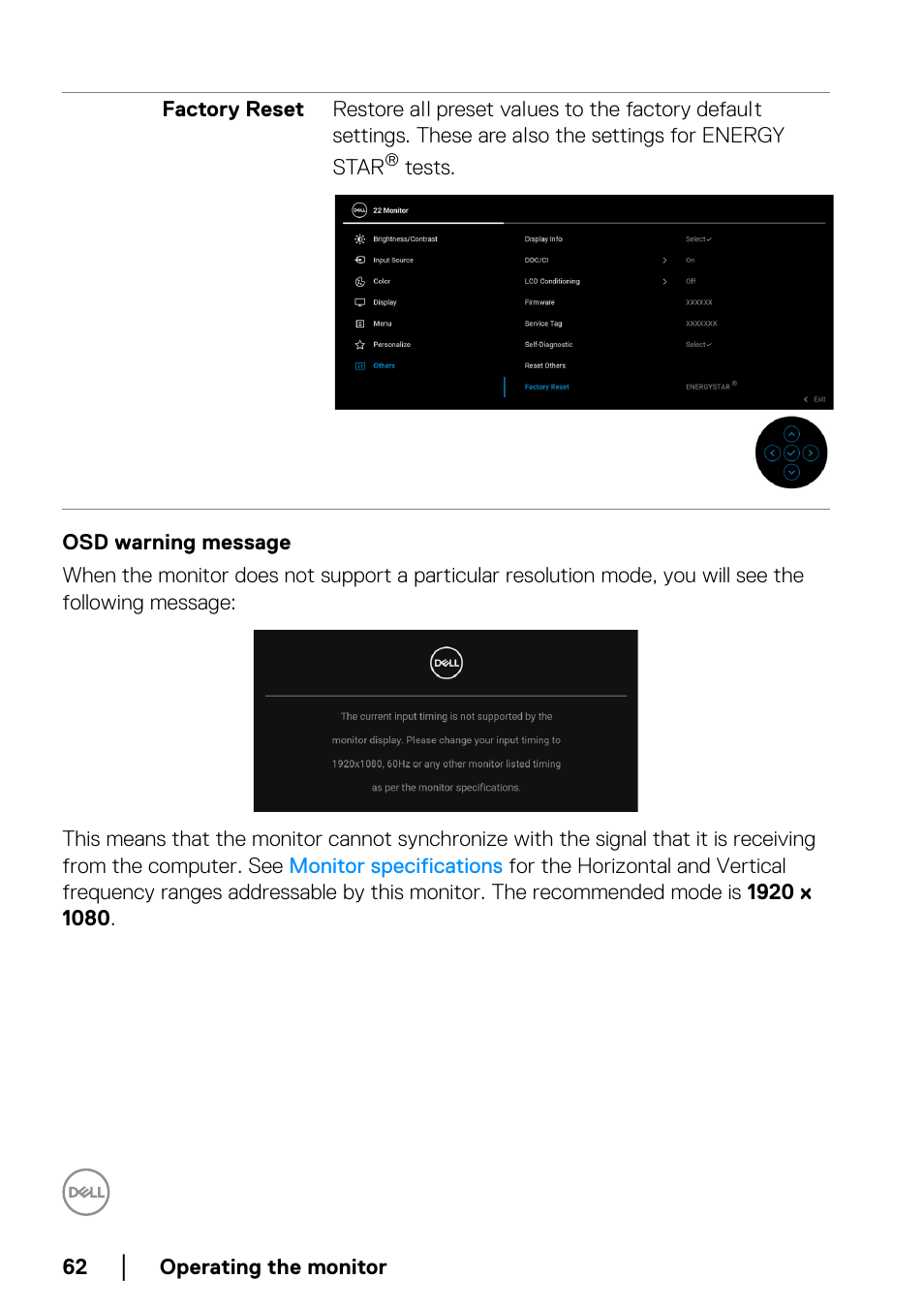 Osd warning message | Dell P2223HC 21.5" 16:9 IPS Monitor User Manual | Page 62 / 82