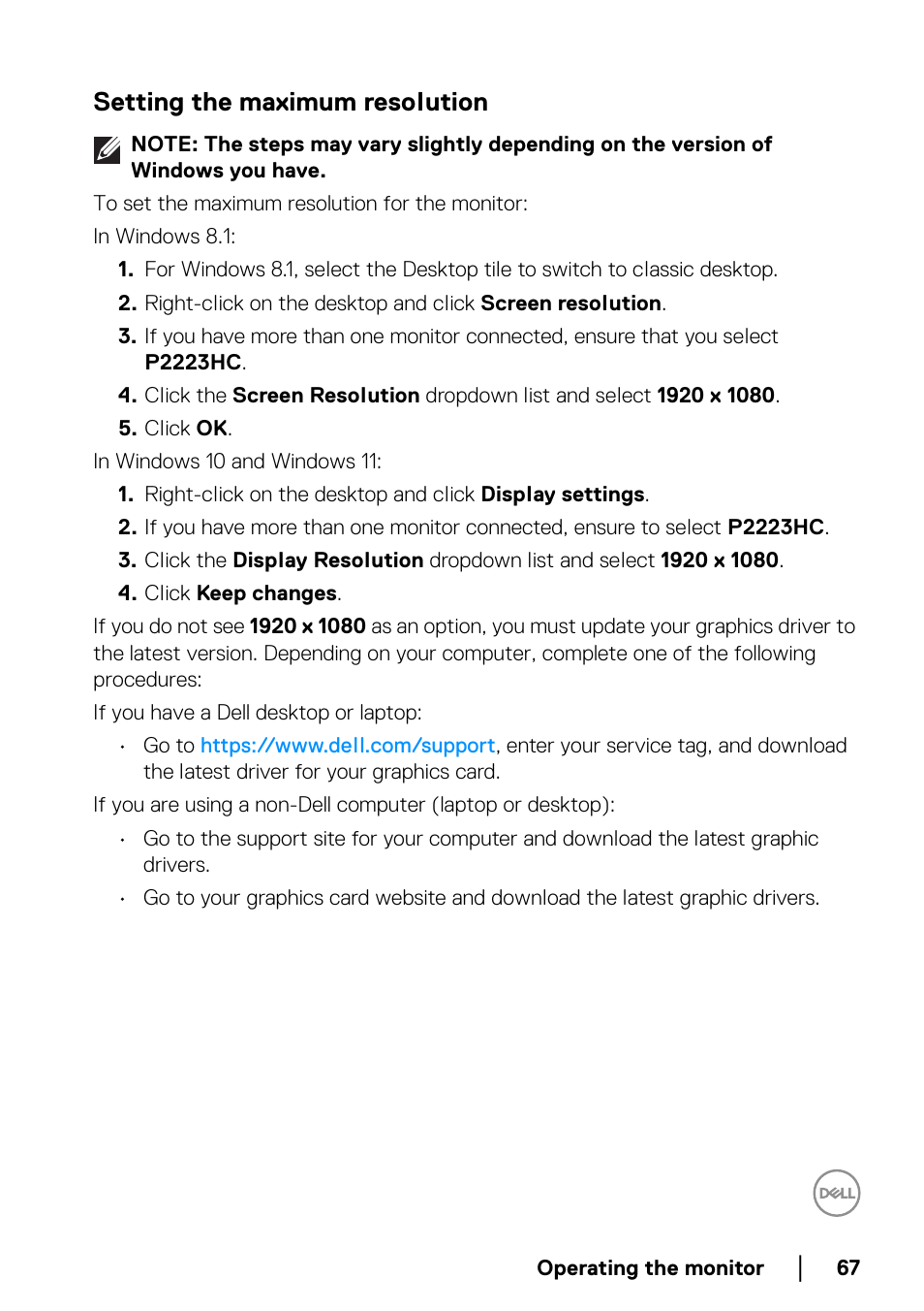 Setting the maximum resolution | Dell P2223HC 21.5" 16:9 IPS Monitor User Manual | Page 67 / 82