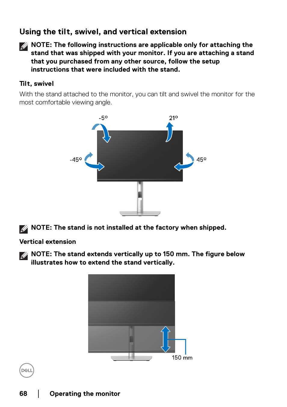 Using the tilt, swivel, and vertical extension, Tilt, swivel, Vertical extension | Dell P2223HC 21.5" 16:9 IPS Monitor User Manual | Page 68 / 82