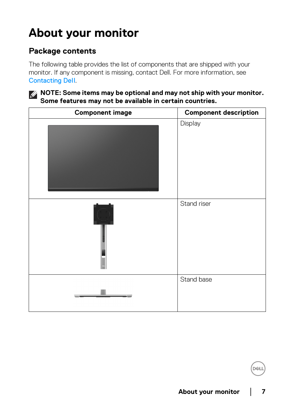 About your monitor, Package contents | Dell P2223HC 21.5" 16:9 IPS Monitor User Manual | Page 7 / 82