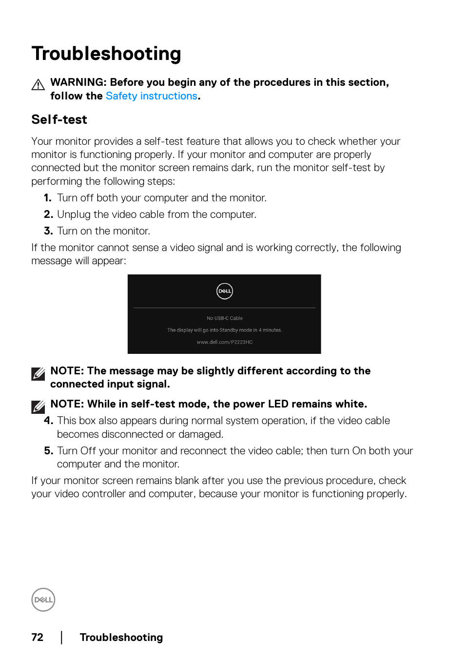 Troubleshooting, Self-test | Dell P2223HC 21.5" 16:9 IPS Monitor User Manual | Page 72 / 82