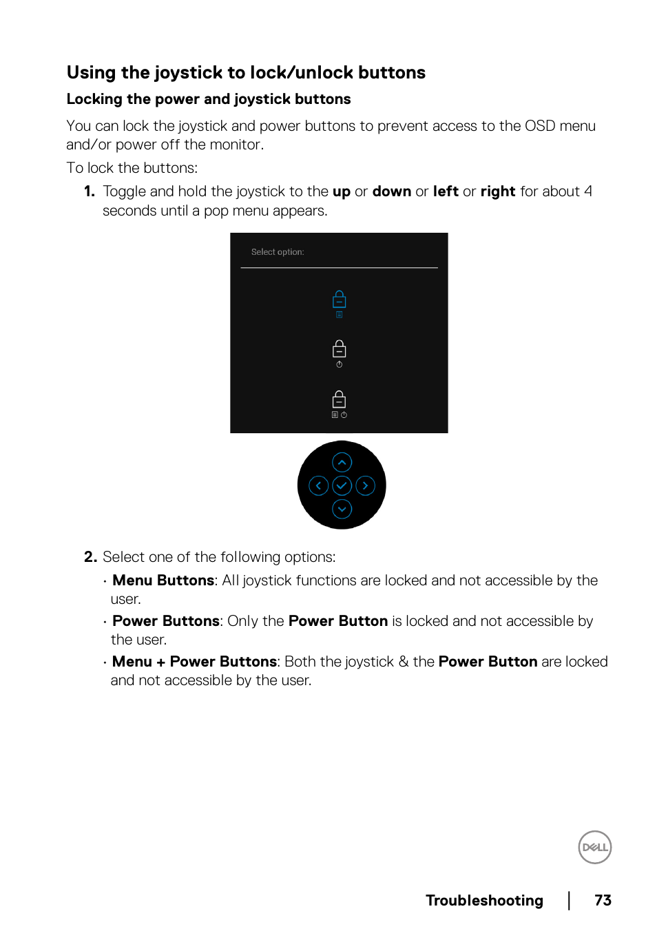 Using the joystick to lock/unlock buttons, Locking the power and joystick buttons | Dell P2223HC 21.5" 16:9 IPS Monitor User Manual | Page 73 / 82