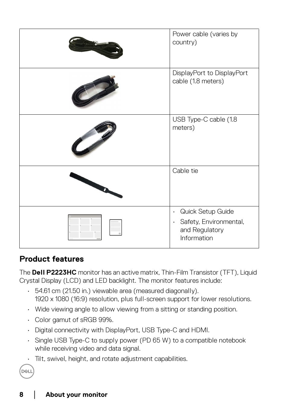 Product features | Dell P2223HC 21.5" 16:9 IPS Monitor User Manual | Page 8 / 82