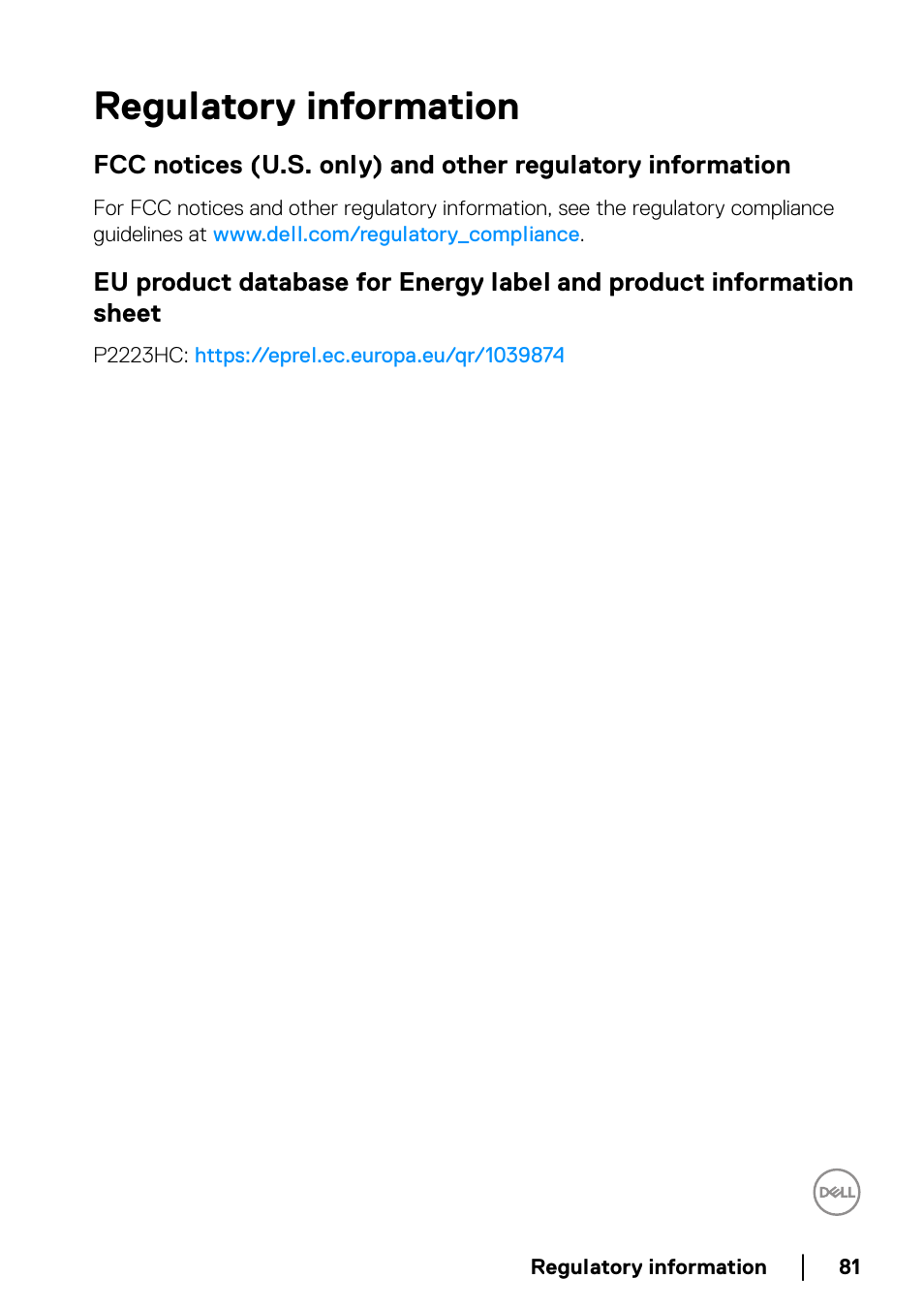 Regulatory information, Fcc notices (u.s. only) and other regulatory, Information | Dell P2223HC 21.5" 16:9 IPS Monitor User Manual | Page 81 / 82