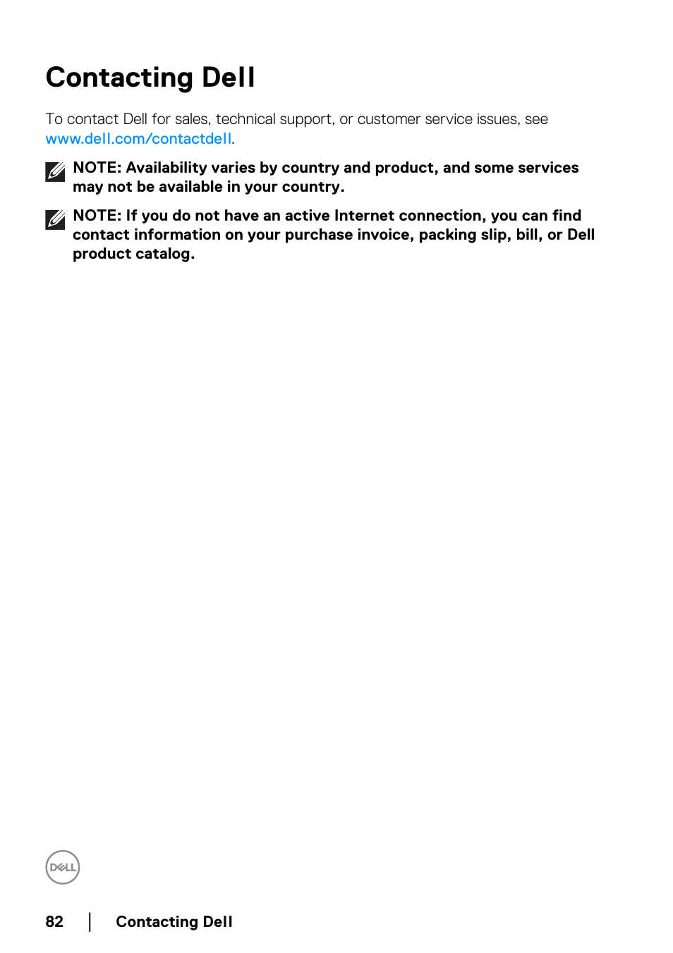 Contacting dell | Dell P2223HC 21.5" 16:9 IPS Monitor User Manual | Page 82 / 82
