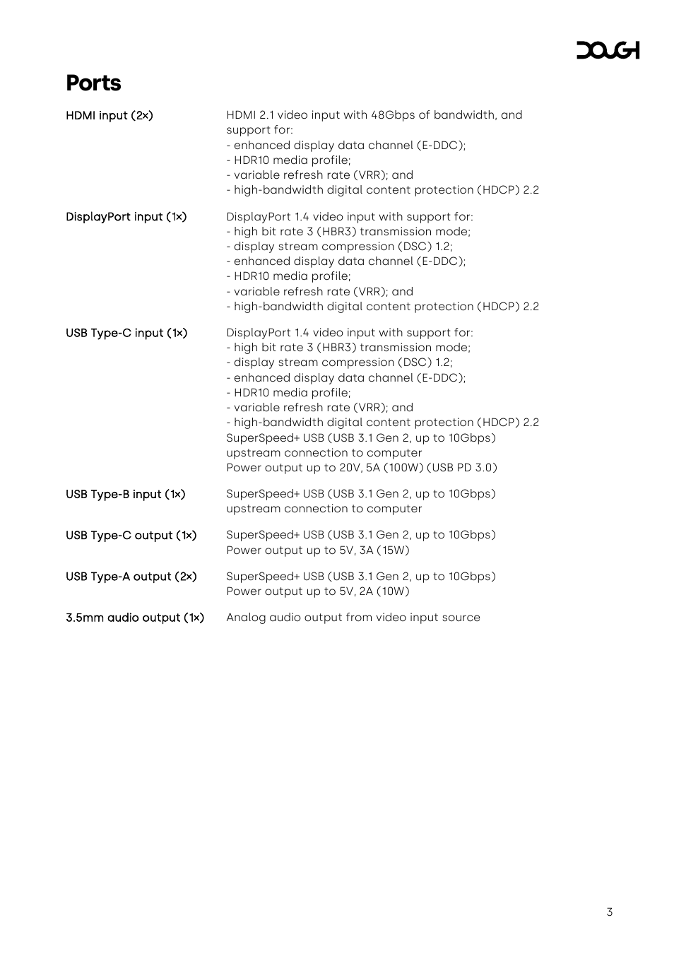 Ports | Dough Spectrum One 27" 4K HDR 144 Hz USB-C Monitor (Matte, Head Only) User Manual | Page 3 / 6
