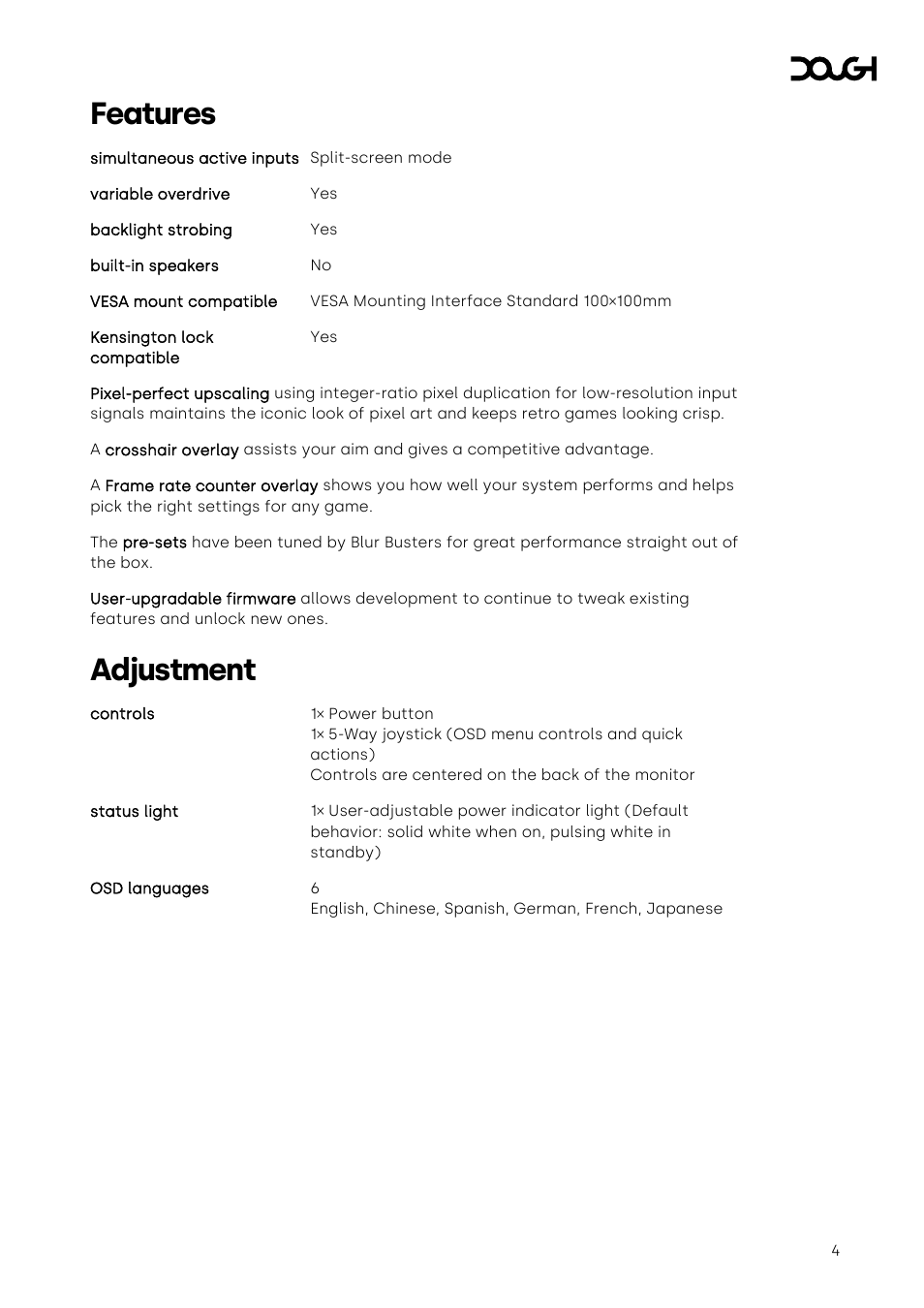 Features, Adjustment | Dough Spectrum One 27" 4K HDR 144 Hz USB-C Monitor (Matte, Head Only) User Manual | Page 4 / 6