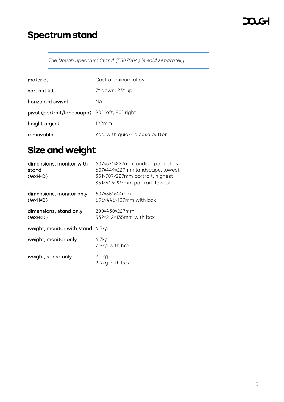 Spectrum stand, Size and weight | Dough Spectrum One 27" 4K HDR 144 Hz USB-C Monitor (Matte, Head Only) User Manual | Page 5 / 6