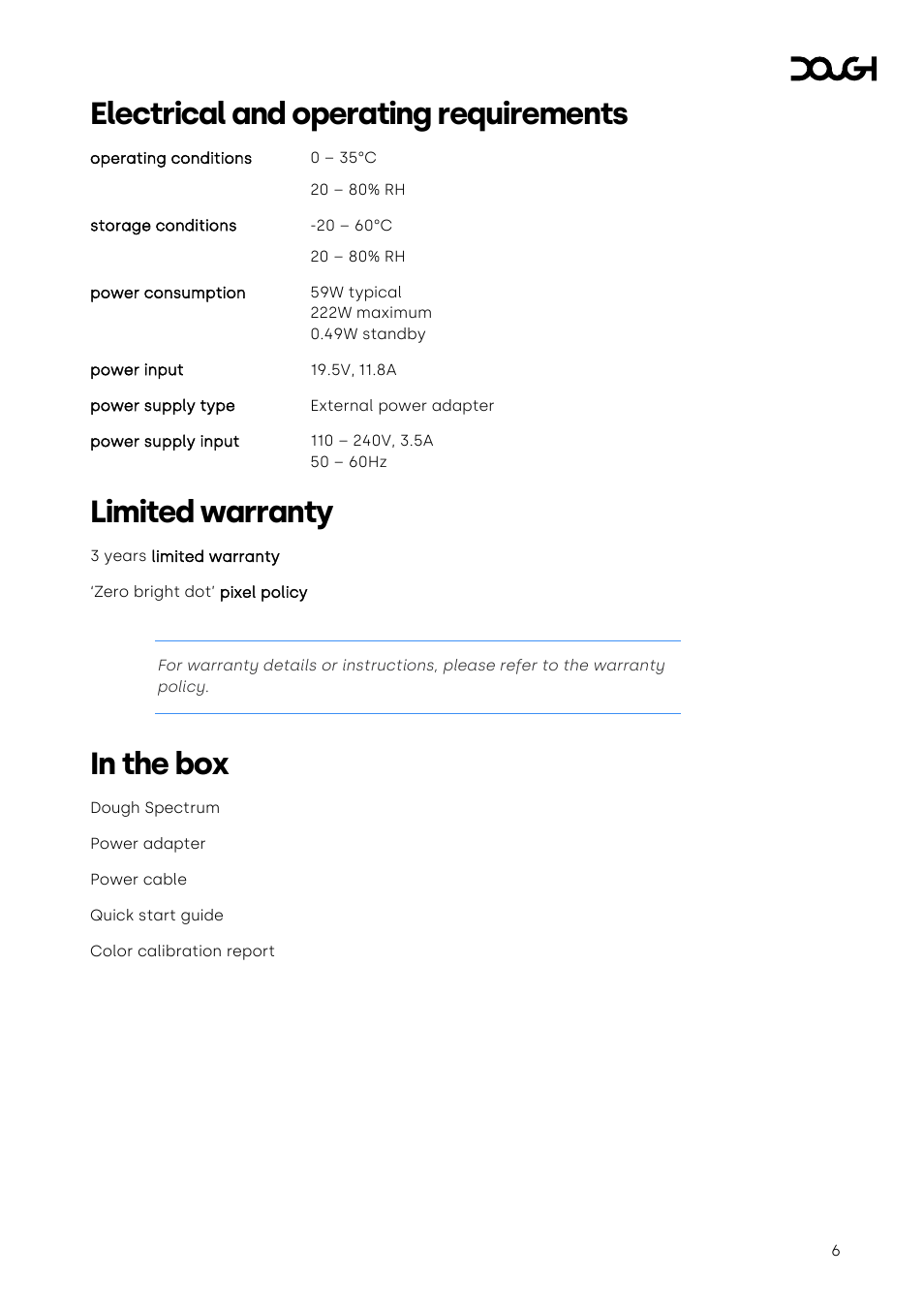 Electrical and operating requirements, Limited warranty, In the box | Dough Spectrum One 27" 4K HDR 144 Hz USB-C Monitor (Matte, Head Only) User Manual | Page 6 / 6