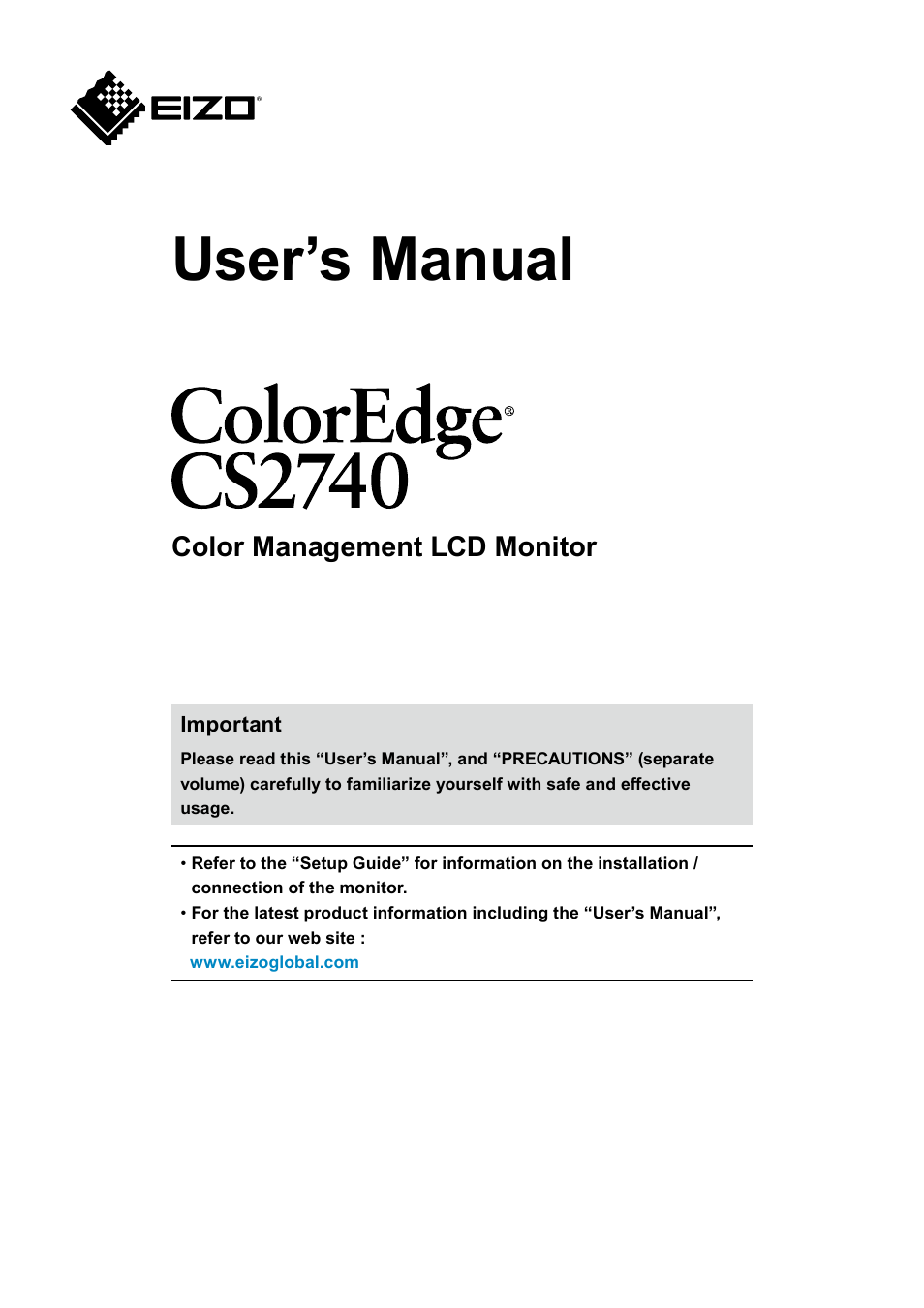 Eizo ColorEdge CS2740 26.9" 16:9 Wide Gamut 4K IPS Monitor User Manual | 49 pages