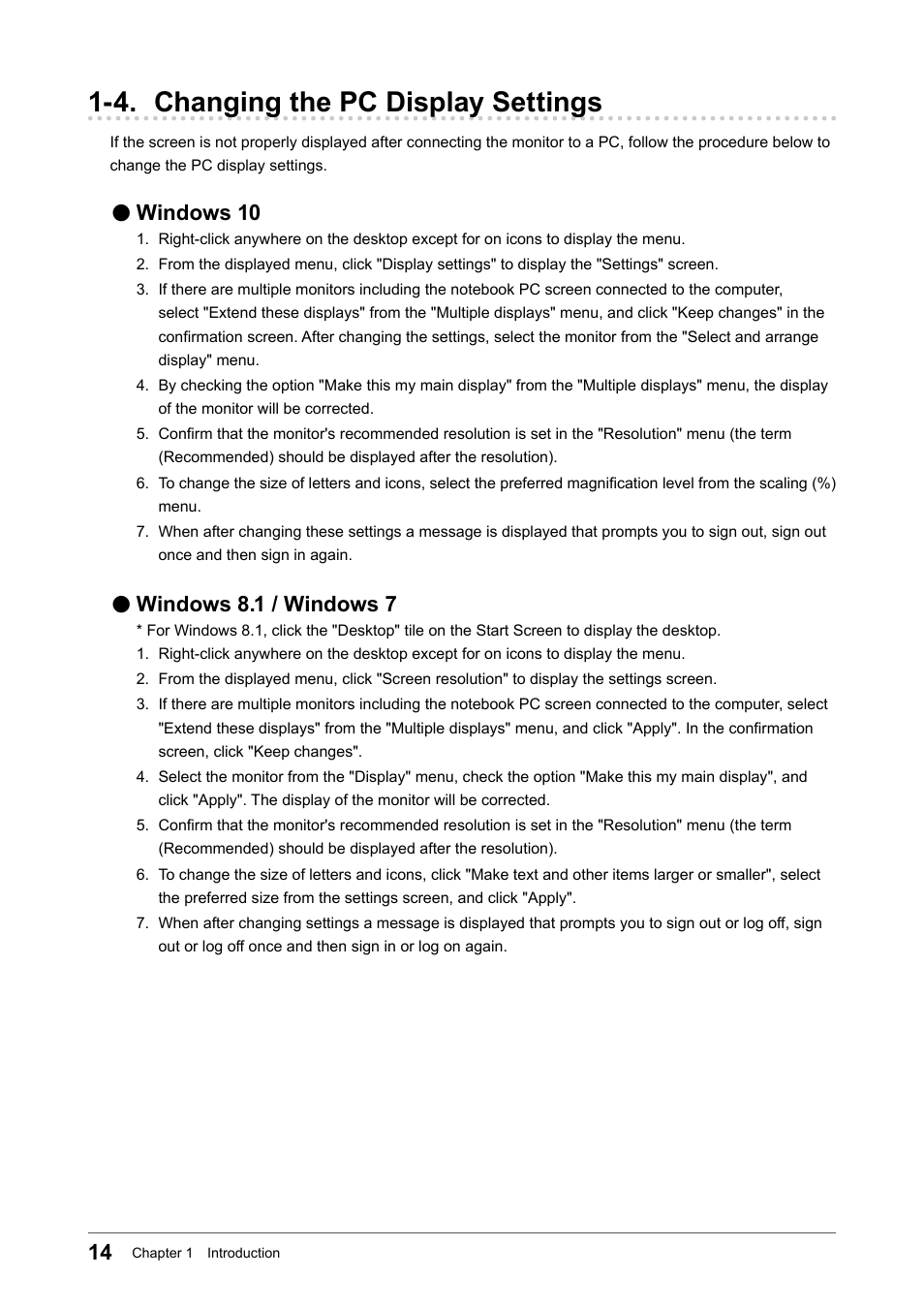 4. changing the pc display settings, Windows 10, Windows 8.1 / windows 7 | Eizo ColorEdge CS2740 26.9" 16:9 Wide Gamut 4K IPS Monitor User Manual | Page 14 / 49