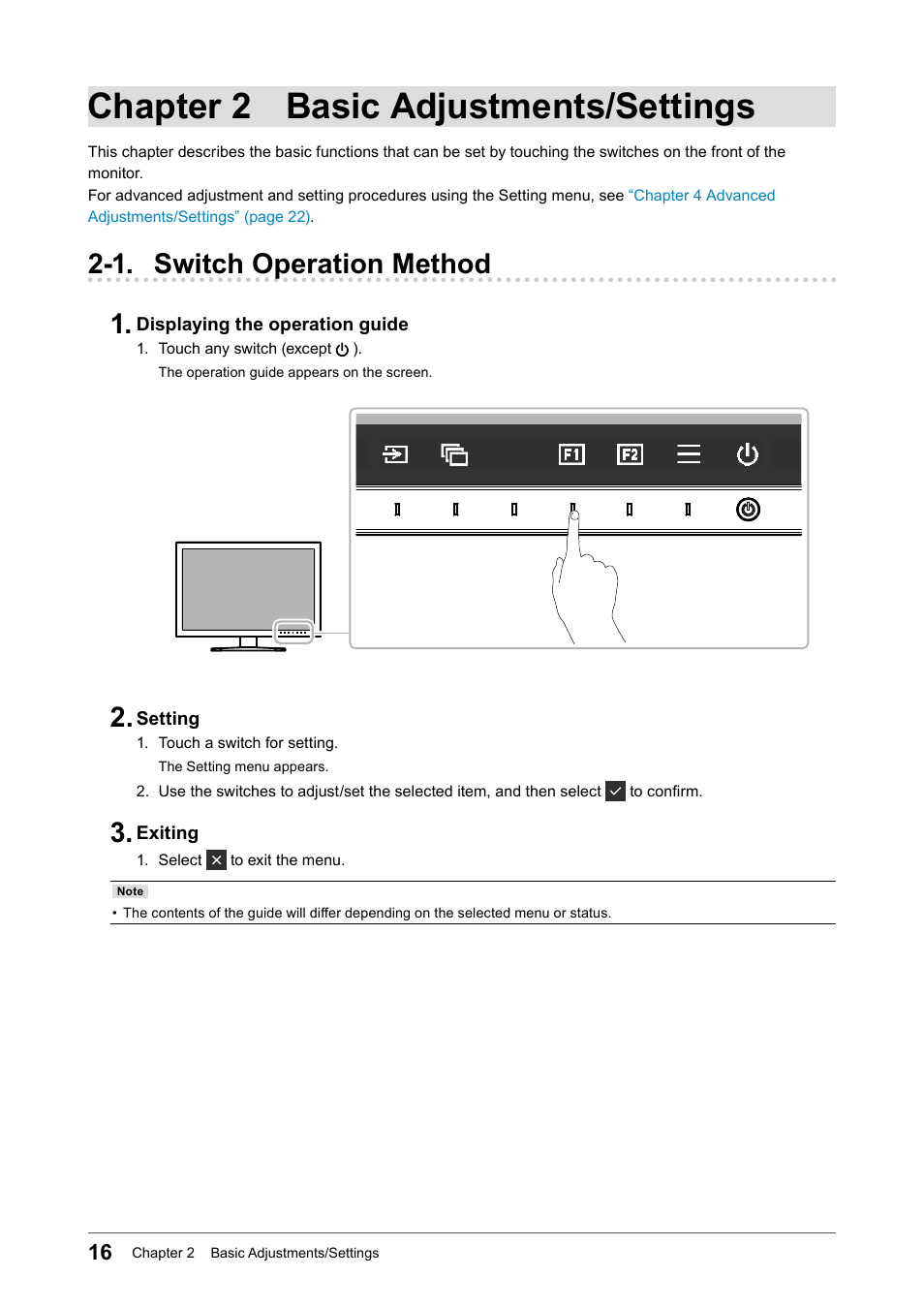 Chapter 2 basic adjustments/settings, 1. switch operation method, 1. switch operation method 1 | Eizo ColorEdge CS2740 26.9" 16:9 Wide Gamut 4K IPS Monitor User Manual | Page 16 / 49