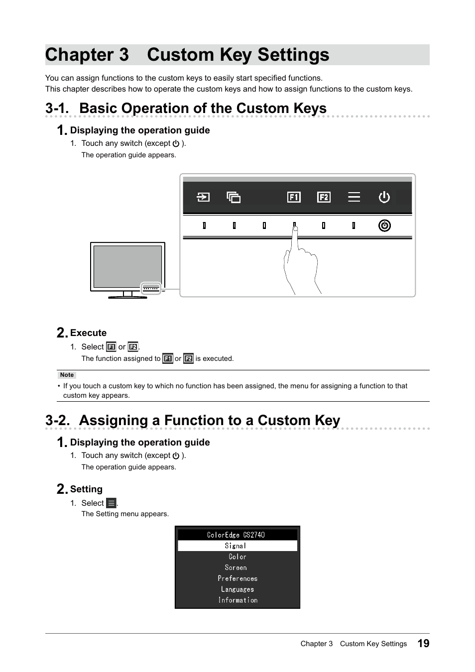 Chapter 3 custom key settings, 1. basic operation of the custom keys, 2. assigning a function to a custom key | 1. basic operation of the custom keys 1, 2. assigning a function to a custom key 1 | Eizo ColorEdge CS2740 26.9" 16:9 Wide Gamut 4K IPS Monitor User Manual | Page 19 / 49