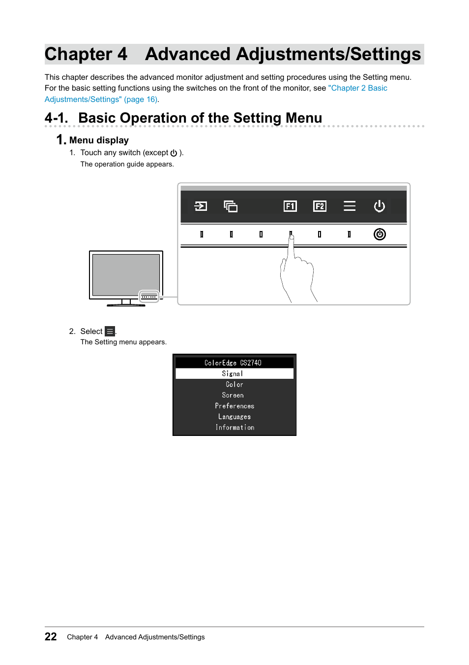 Chapter 4 advanced adjustments/settings, 1. basic operation of the setting menu, 1. basic operation of the setting menu 1 | Eizo ColorEdge CS2740 26.9" 16:9 Wide Gamut 4K IPS Monitor User Manual | Page 22 / 49