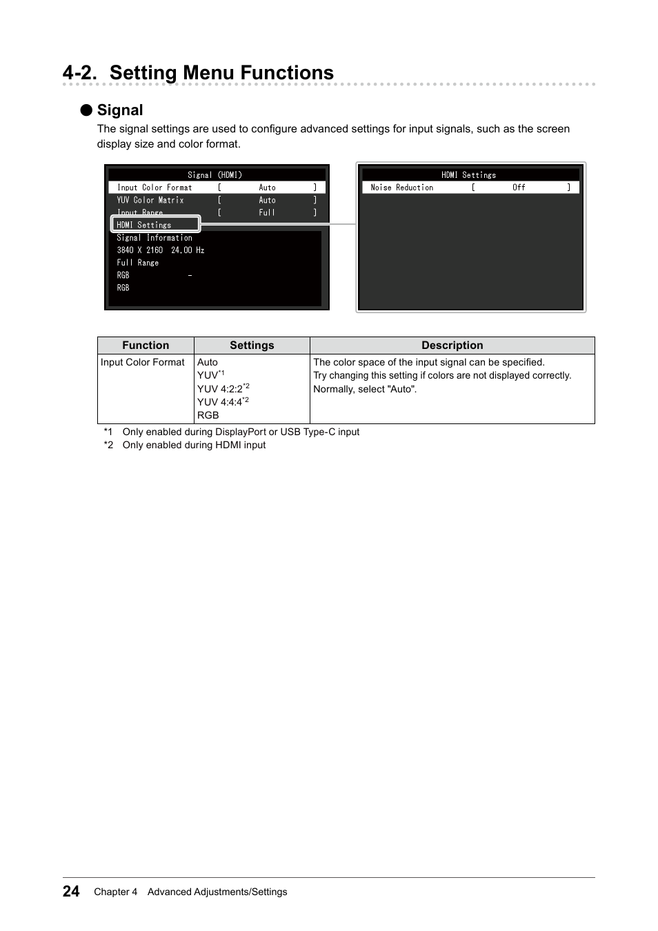 2. setting menu functions, Signal | Eizo ColorEdge CS2740 26.9" 16:9 Wide Gamut 4K IPS Monitor User Manual | Page 24 / 49