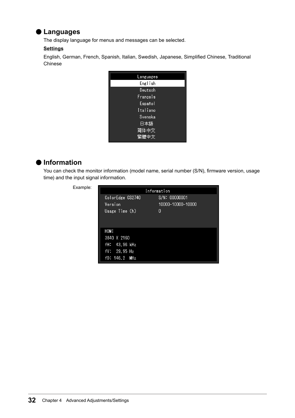 Languages, Information | Eizo ColorEdge CS2740 26.9" 16:9 Wide Gamut 4K IPS Monitor User Manual | Page 32 / 49