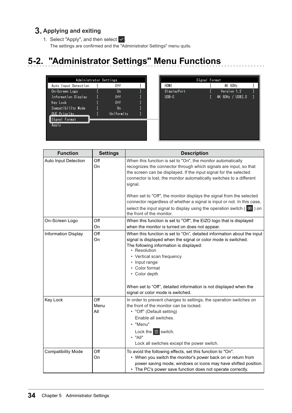 2. "administrator settings" menu functions, 2. "administrator settings" menu, Functions | Applying and exiting | Eizo ColorEdge CS2740 26.9" 16:9 Wide Gamut 4K IPS Monitor User Manual | Page 34 / 49