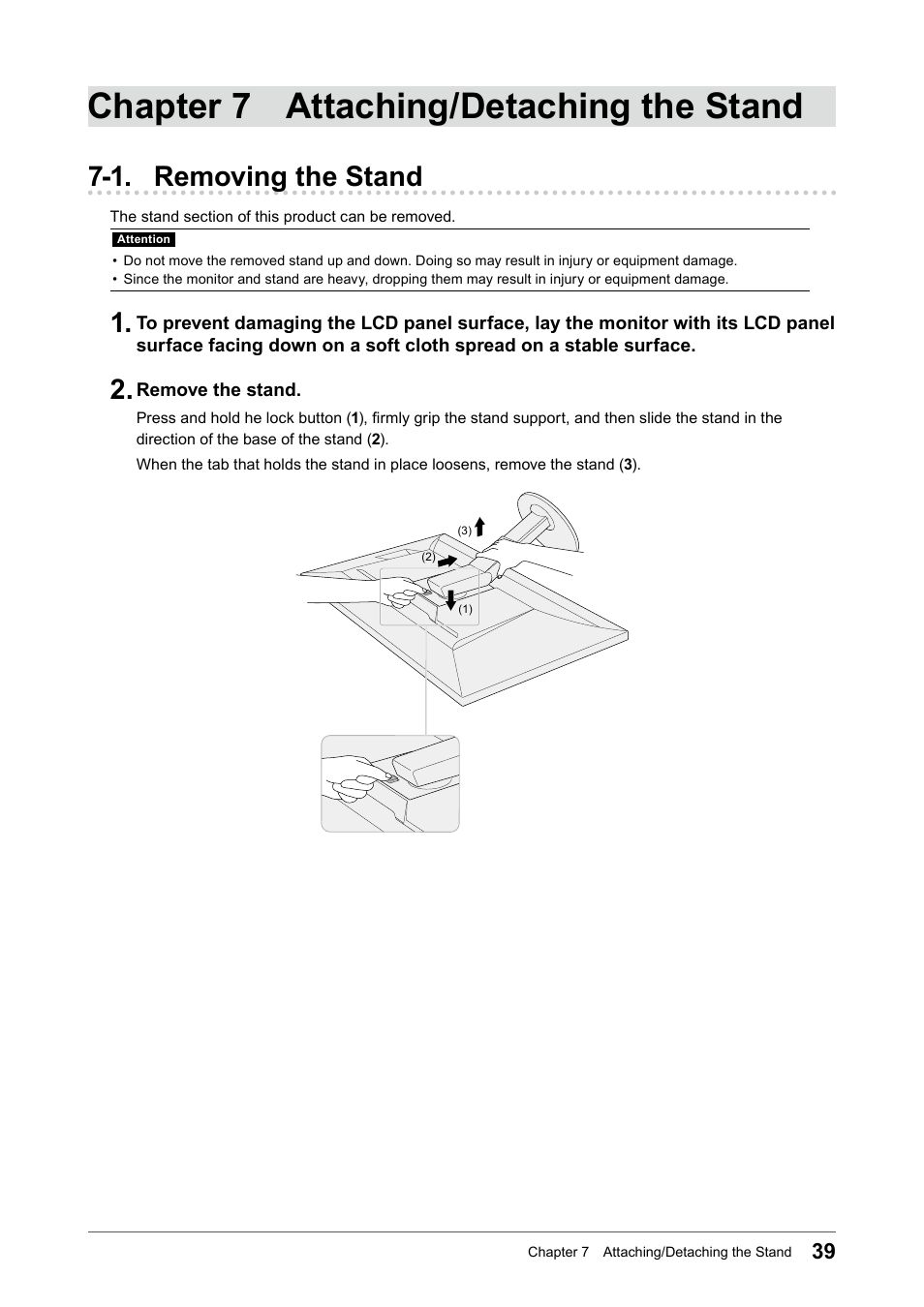 Chapter 7 attaching/detaching the stand, 1. removing the stand | Eizo ColorEdge CS2740 26.9" 16:9 Wide Gamut 4K IPS Monitor User Manual | Page 39 / 49