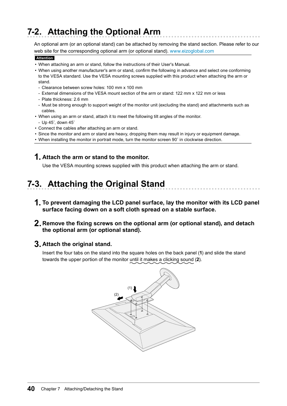 2. attaching the optional arm, 3. attaching the original stand, 3. attaching the original stand 1 | Eizo ColorEdge CS2740 26.9" 16:9 Wide Gamut 4K IPS Monitor User Manual | Page 40 / 49