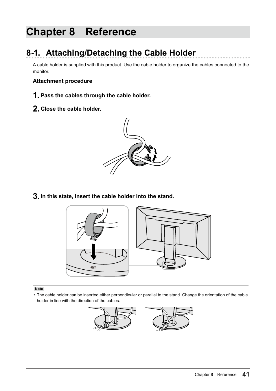 Chapter 8 reference, 1. attaching/detaching the cable holder | Eizo ColorEdge CS2740 26.9" 16:9 Wide Gamut 4K IPS Monitor User Manual | Page 41 / 49