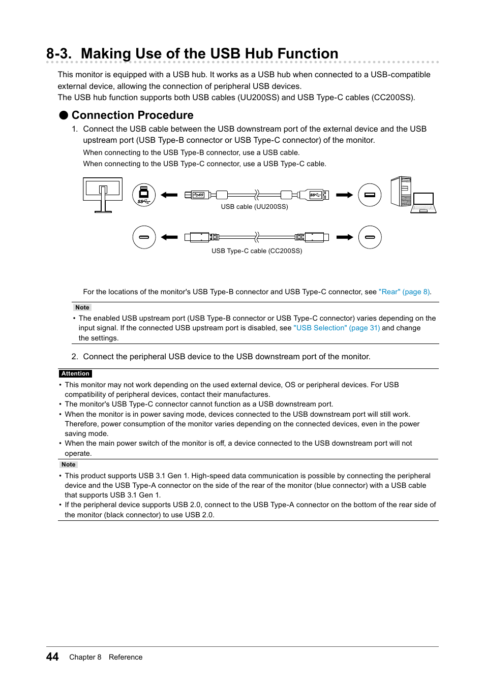 3. making use of the usb hub function, Connection procedure | Eizo ColorEdge CS2740 26.9" 16:9 Wide Gamut 4K IPS Monitor User Manual | Page 44 / 49