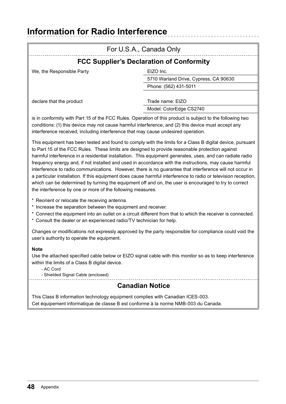Information for radio interference, Canadian notice | Eizo ColorEdge CS2740 26.9" 16:9 Wide Gamut 4K IPS Monitor User Manual | Page 48 / 49