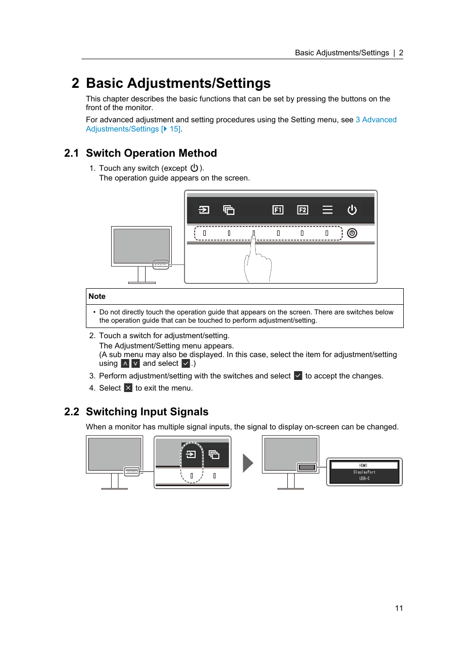 2 basic adjustments/settings, 1 switch operation method, 2 switching input signals | Switch operation method, Switching input signals | Eizo ColorEdge CS2400S 24.1" Monitor User Manual | Page 11 / 47