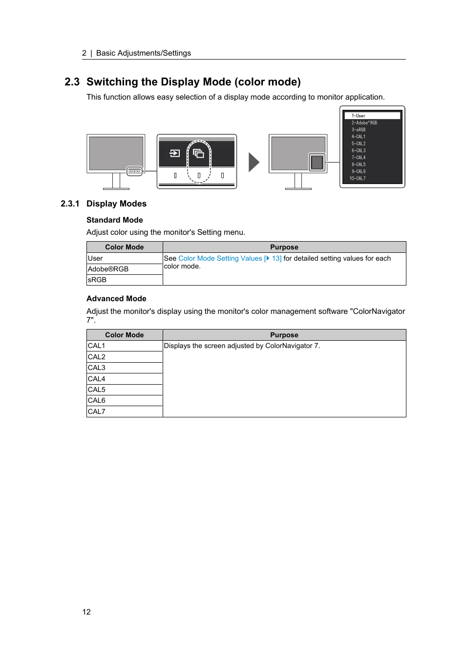 3 switching the display mode (color mode), 1 display modes, Switching the display mode (color mode) | Display modes | Eizo ColorEdge CS2400S 24.1" Monitor User Manual | Page 12 / 47