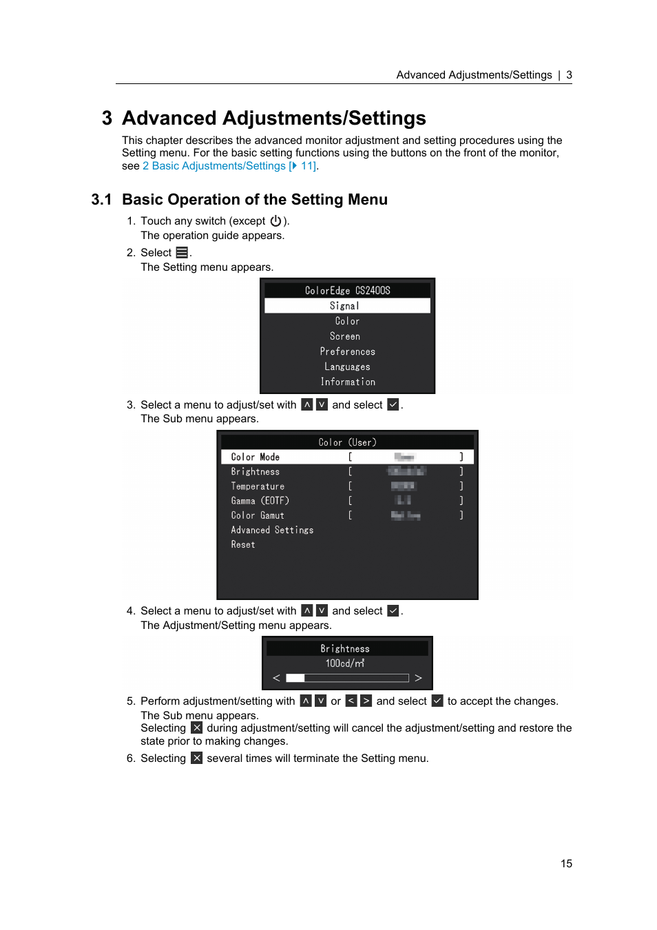 3 advanced adjustments/settings, 1 basic operation of the setting menu, Basic operation of the setting menu | Guide (see, 3 advanced, Adjustments/settings | Eizo ColorEdge CS2400S 24.1" Monitor User Manual | Page 15 / 47