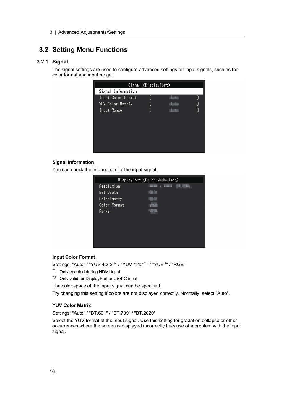 2 setting menu functions, 1 signal, Setting menu functions | Signal | Eizo ColorEdge CS2400S 24.1" Monitor User Manual | Page 16 / 47