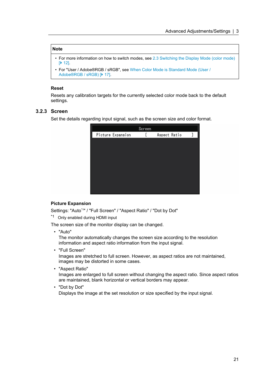 3 screen, Screen | Eizo ColorEdge CS2400S 24.1" Monitor User Manual | Page 21 / 47