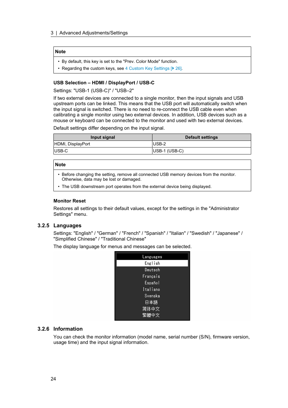 5 languages, 6 information, Languages | Information | Eizo ColorEdge CS2400S 24.1" Monitor User Manual | Page 24 / 47