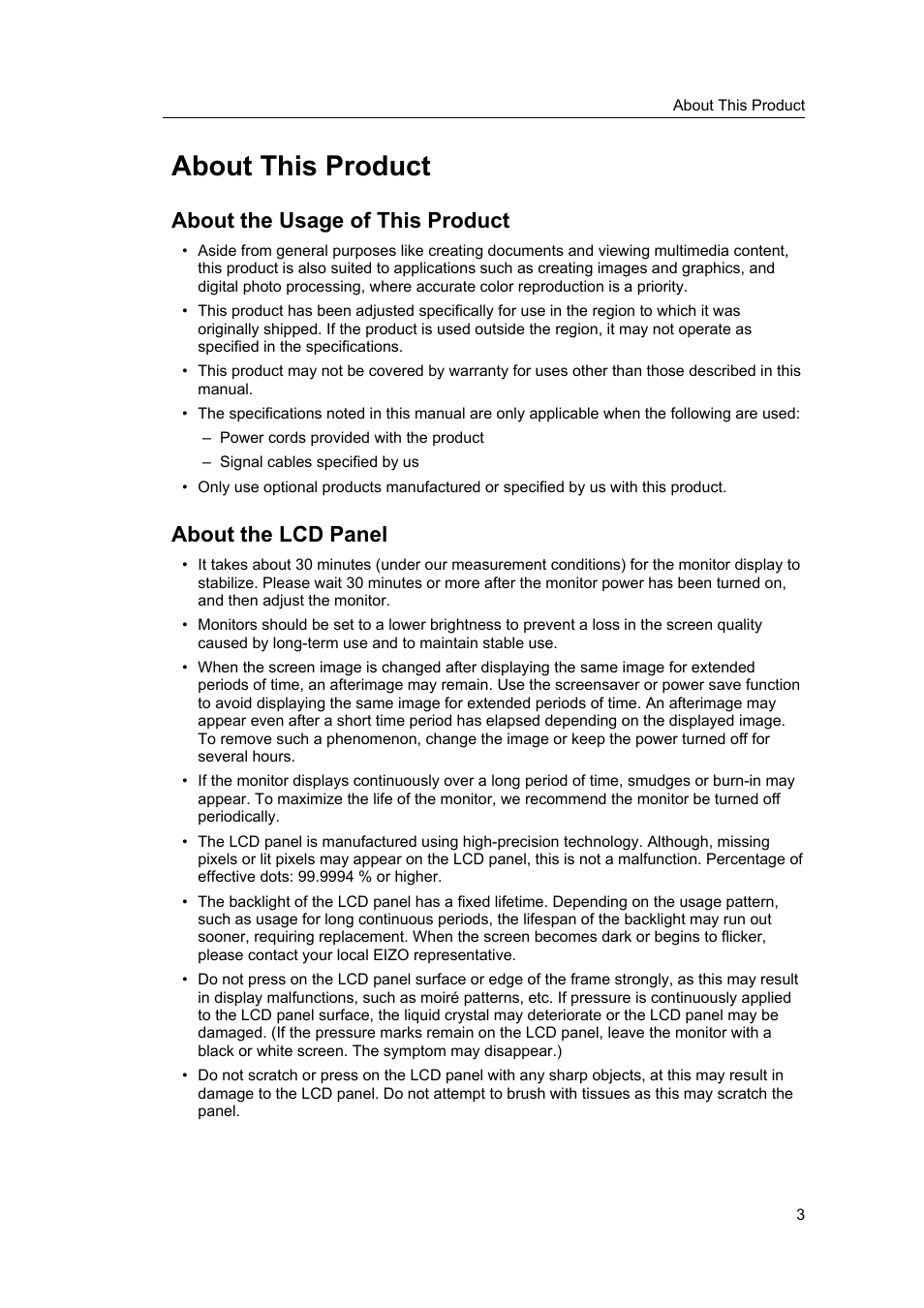 About this product, About the usage of this product, About the lcd panel | Eizo ColorEdge CS2400S 24.1" Monitor User Manual | Page 3 / 47