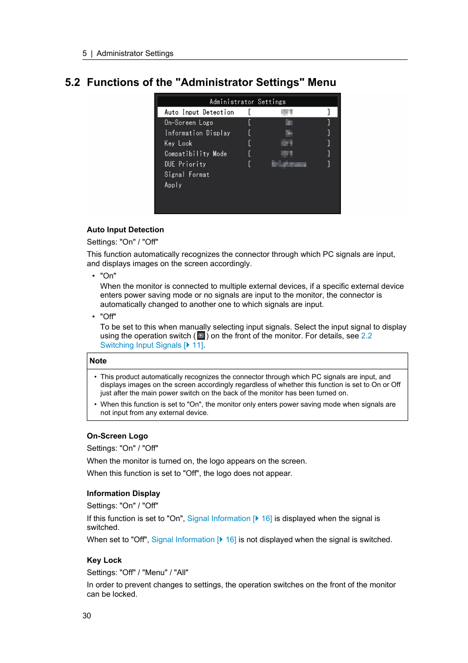 2 functions of the "administrator settings" menu, Functions of the "administrator settings" menu | Eizo ColorEdge CS2400S 24.1" Monitor User Manual | Page 30 / 47