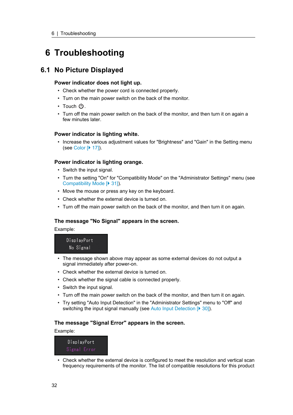 6 troubleshooting, 1 no picture displayed, No picture displayed | Eizo ColorEdge CS2400S 24.1" Monitor User Manual | Page 32 / 47
