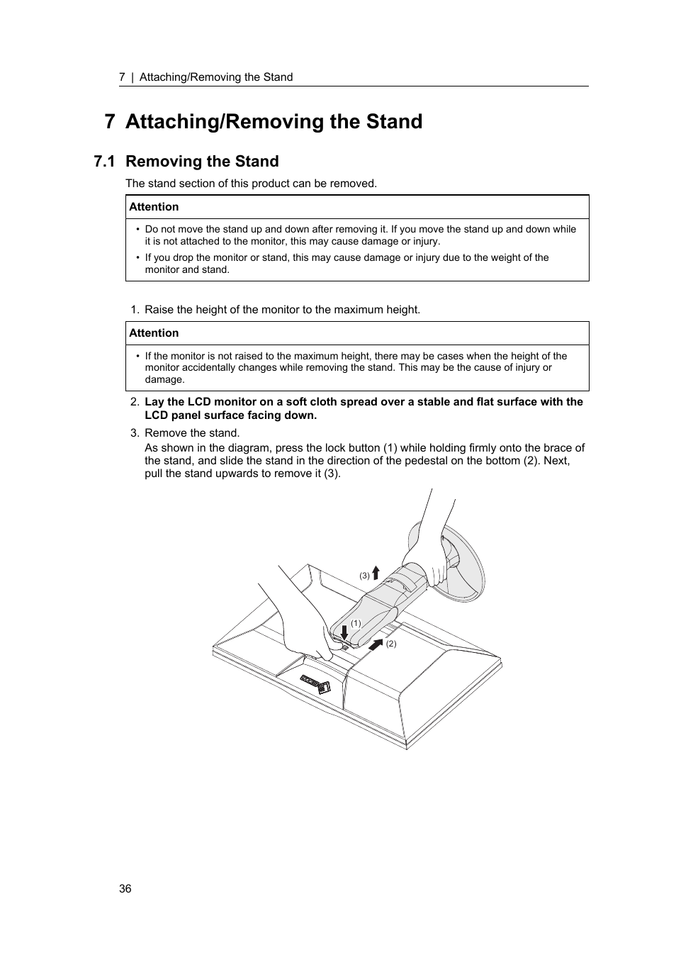 7 attaching/removing the stand, 1 removing the stand, Removing the stand | Eizo ColorEdge CS2400S 24.1" Monitor User Manual | Page 36 / 47