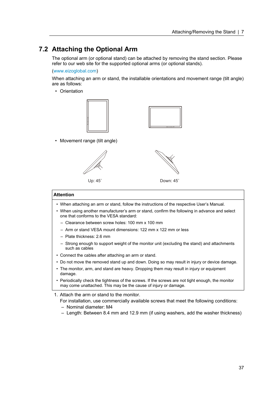 2 attaching the optional arm, Attaching the optional arm | Eizo ColorEdge CS2400S 24.1" Monitor User Manual | Page 37 / 47