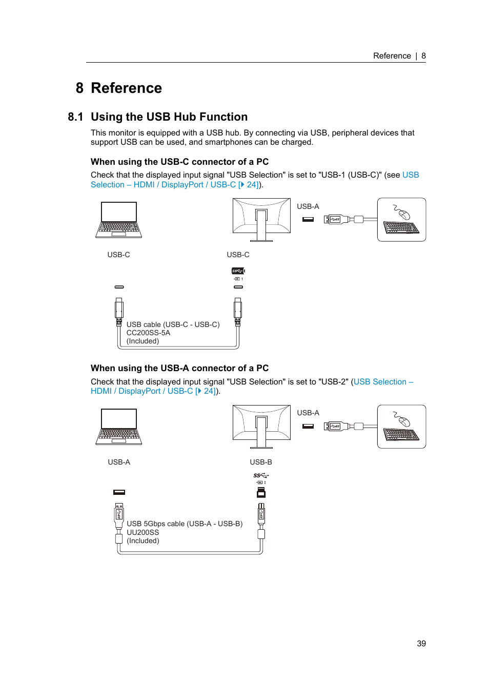 8 reference, 1 using the usb hub function, When using the usb-c connector of a pc | When using the usb-a connector of a pc, Using the usb hub function, 1 using the usb hub, Function | Eizo ColorEdge CS2400S 24.1" Monitor User Manual | Page 39 / 47