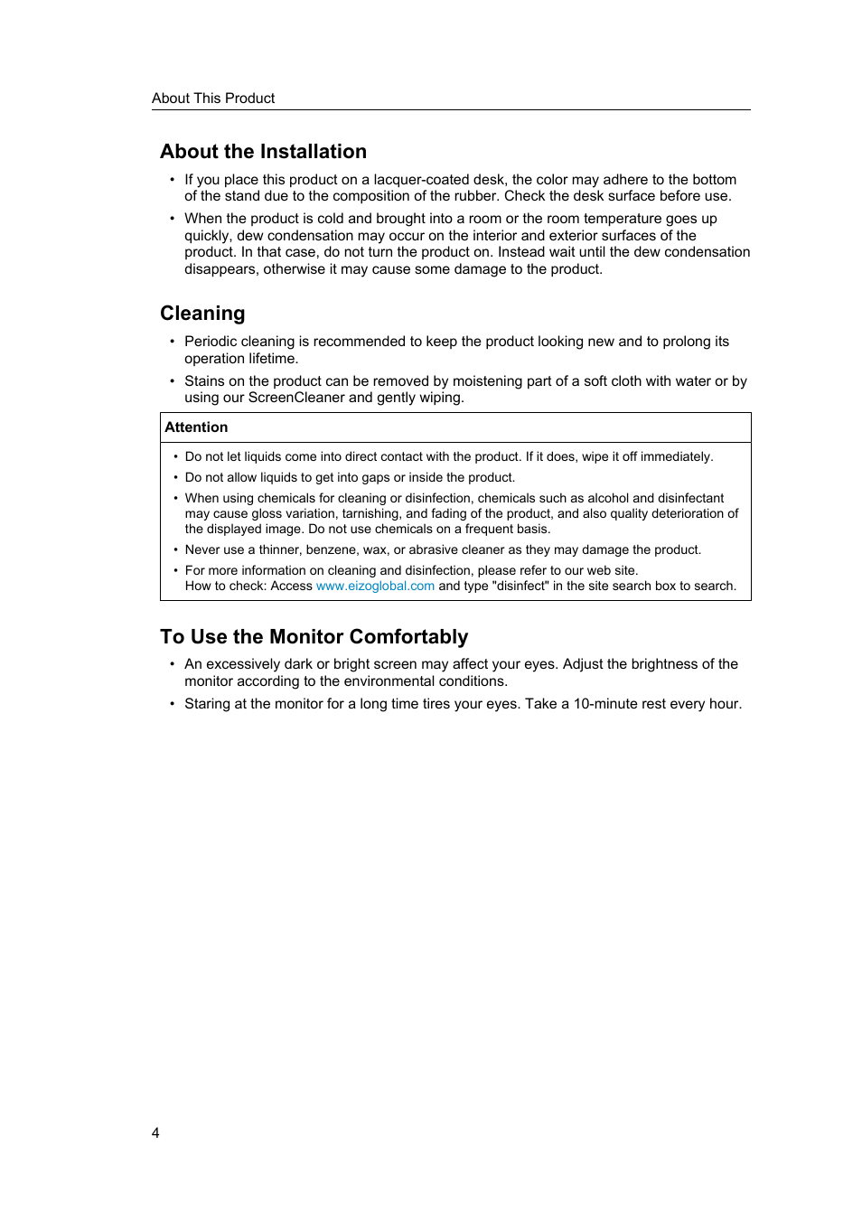 About the installation, Cleaning, To use the monitor comfortably | Eizo ColorEdge CS2400S 24.1" Monitor User Manual | Page 4 / 47