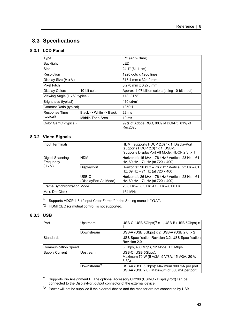 3 specifications, 1 lcd panel, 2 video signals | 3 usb, Specifications, Lcd panel, Video signals | Eizo ColorEdge CS2400S 24.1" Monitor User Manual | Page 43 / 47