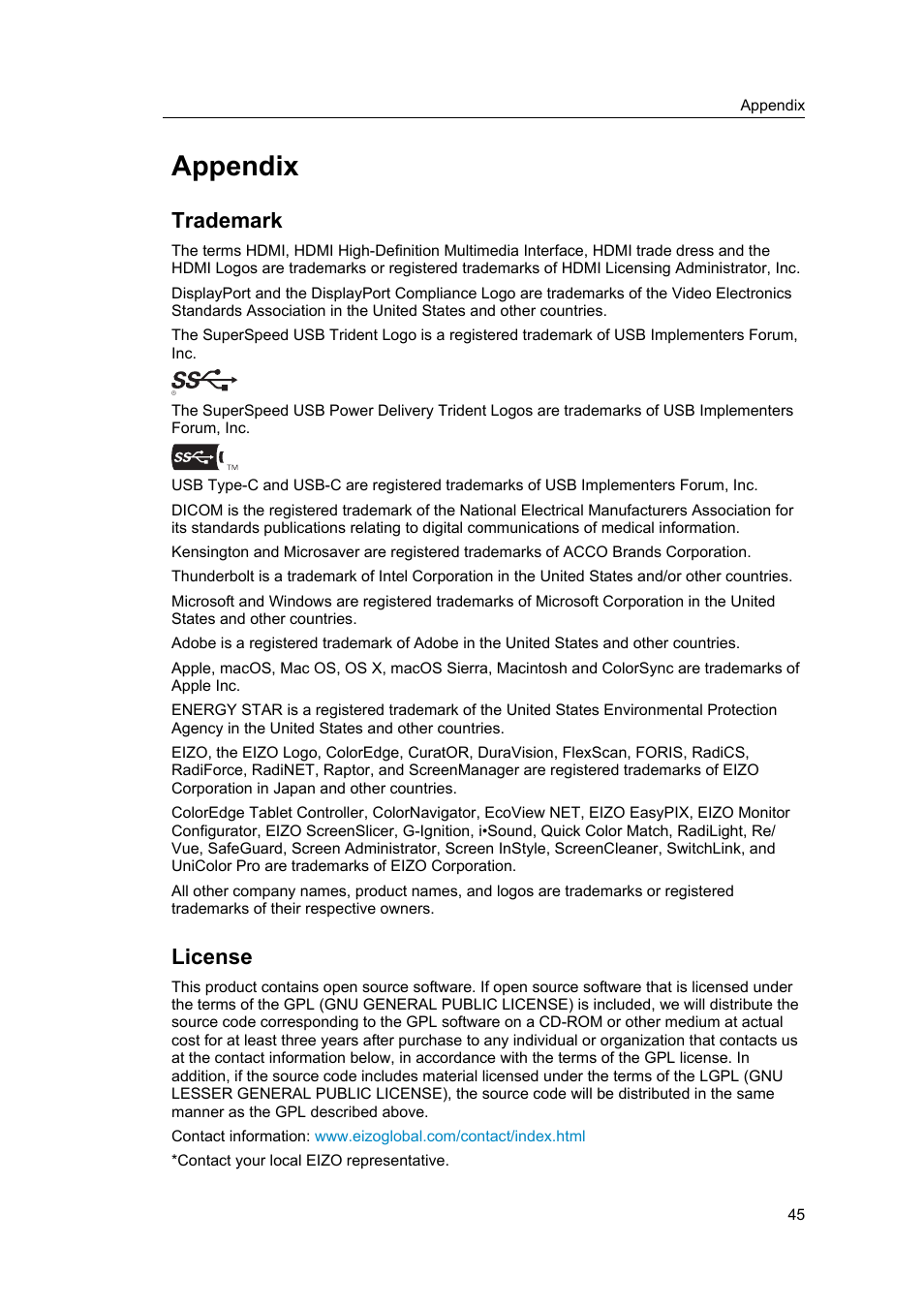 Appendix, Trademark, License | Eizo ColorEdge CS2400S 24.1" Monitor User Manual | Page 45 / 47