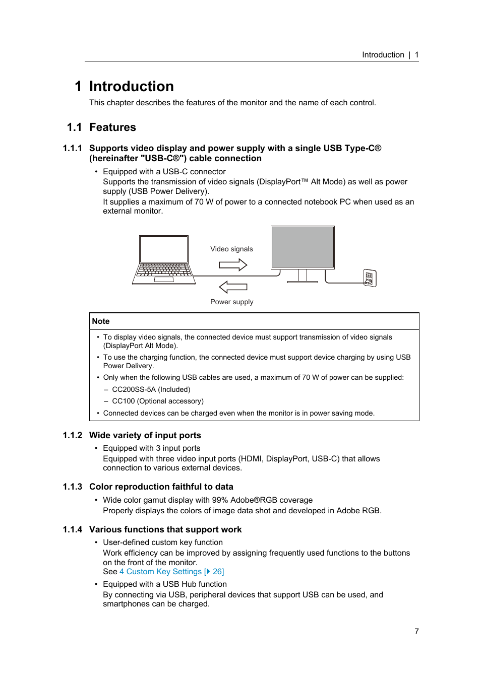 1 introduction, 1 features, 2 wide variety of input ports | 3 color reproduction faithful to data, 4 various functions that support work, Features, Wide variety of input ports, Color reproduction faithful to data, Various functions that support work | Eizo ColorEdge CS2400S 24.1" Monitor User Manual | Page 7 / 47
